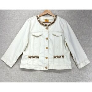 Ruby Rd Jacket Womens 12 White Denim Beaded Collarless Button Front 3/4 Sleeve